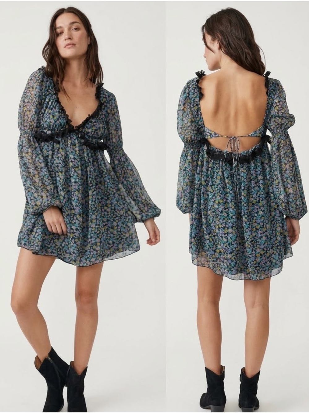 Free People Pennie Floral Babydoll Open Back Mini Dress Black Large NWOT Boho